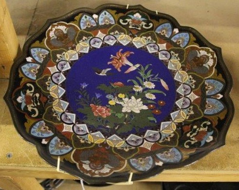 Japanese Meiji period cloisonne enamelled petal rimmed dish (a.f)(-)